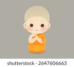 Charming cartoon of a young monk kneeling and praying with a calm smile, symbolizing peace, faith, and mindfulness. Great for spiritual themes. Includes free facial expressions inside the file.