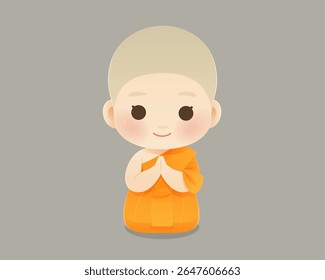 Charming cartoon of a young monk kneeling and praying with a calm smile, symbolizing peace, faith, and mindfulness. Great for spiritual themes. Includes free facial expressions inside the file.