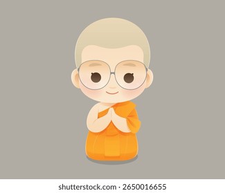 Charming cartoon of a young monk kneeling and praying with a calm smile, symbolizing peace, faith, and mindfulness. Great for spiritual themes. Includes free facial expressions inside the file.