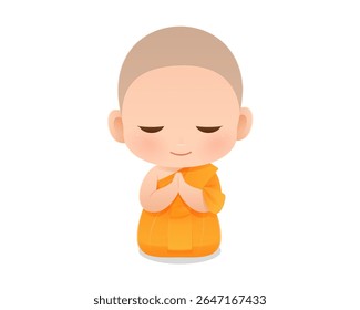 Charmosa caricatura de um jovem monge novato ajoelhado e rezando com um sorriso sereno, simbolizando paz, fé e atenção plena no budismo. Perfeito para temas espirituais e culturais. Monge criança, monge criança