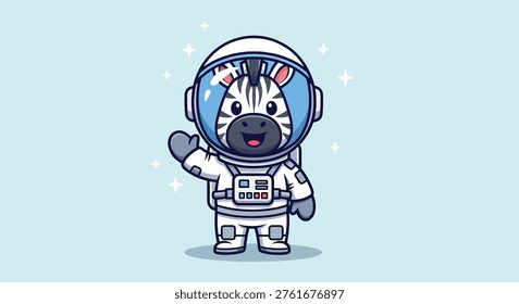A charming cartoon zebra dressed as an astronaut, waving a friendly greeting from outer space.