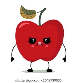 Um charmoso e charmoso personagem maçã vermelha com uma expressão irritada, completo com braços e uma folha no topo