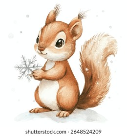 Um esquilo charmoso e cartunesco, retratado em tons quentes e terrosos, segura um delicado floco de neve. O esquilo é posicionado em vista de perfil, mostrando seu pelo detalhado e olhos expressivos.