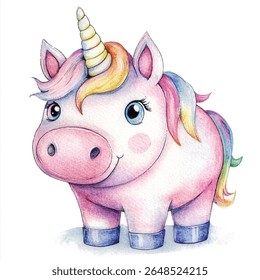 Um unicórnio charmoso e cartunesco, pintado em tons vibrantes de aquarela, com uma juba arco-íris e um chifre em espiral. O unicórnio tem olhos grandes e expressivos e uma expressão doce e suave.