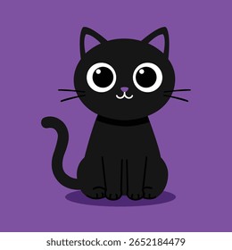 Charming cartoon-style black cat with large white eyes and a tiny purple nose, sitting on a vibrant purple background. Great for Halloween designs, pet-themed materials, kids illustrations, and cute