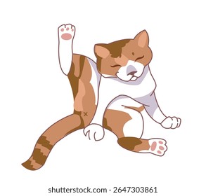 Charmoso estilo de desenho animado gato se preparando com uma perna levantada, desenhado em cores suaves em um plano de fundo branco. Conceito de higiene dos felinos e comportamento dos animais de estimação. Ilustração vetorial