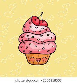 Charming cartoon-style cupcake with a smiling face, vibrant pink frosting, colorful sprinkles, and cherries, set against a cheerful yellow backdrop with heart patterns