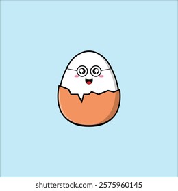 Charming cartoon-style egg with a happy face and round glasses, sitting in a cracked shell