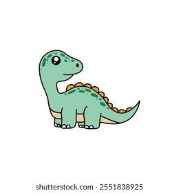 A charming cartoon-style green dinosaur with orange plates along its back, featuring a rounded body and cheerful expression