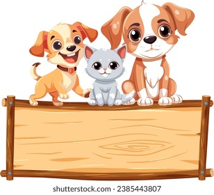 Charming cartoon-style illustration of a cute dog and cat standing on a wooden board frame