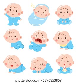 A charming cartoon-style illustration featuring babies in different adorable activities and emotions.