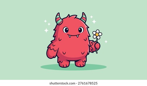A charming, cartoon-style illustration of a friendly, red, furry monster with small horns and a flower.