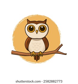 A charming cartoon-style illustration of an owl perched on a branch, with big expressive eyes and a warm earthy color palette. Perfect for nature lovers, wildlife enthusiasts, and owl-themed designs