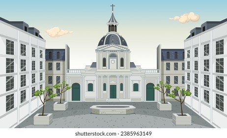 A charming cartoon-style illustration of Sorbonne University in Paris