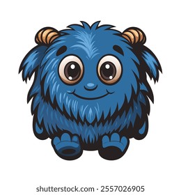 A charming, cartoon-style monster with fluffy purple fur, big friendly eyes, and small horns. It's smiling and has a playful expression. The style is reminiscent of children's book illustrations.