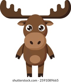 A charming, cartoon-style moose character with large eyes and antlers stands cheerfully. The scene conveys a playful and friendly mood.