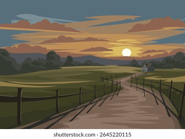 A charming cartoon-style vector illustration of a countryside sunset, featuring a cozy cabin at the end of a winding path, surrounded by rolling hills and warm dusk skies.