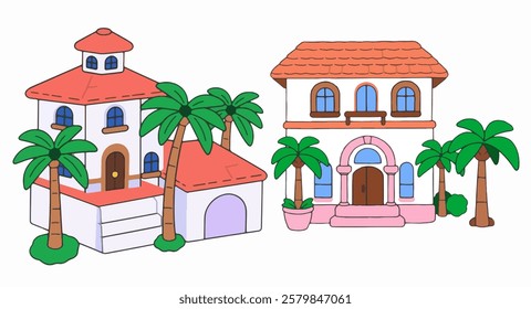 A charming cartoon-style villa featuring a terracotta roof, arched windows, and decorative palm trees, ideal for vacation-themed sticker packs.