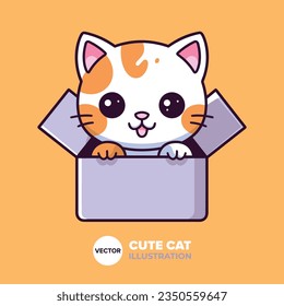 Charming Cat in Box: Flat Cartoon Icon Illustration Perfect for Poster, Card, Decoration, Print