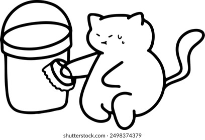 Charming Cat Brushing Bucket Line Art Vector | Cute Minimalist Design