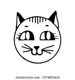 Charming cat face on a white background, black and white drawing.Vector cat can be used in textiles, postcards.