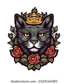 A charming cat head adorned with delicate flowers, showcased in a whimsical vector clip art illustration