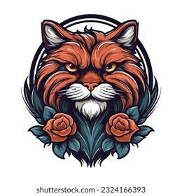 A charming cat head adorned with delicate flowers, showcased in a whimsical vector clip art illustration