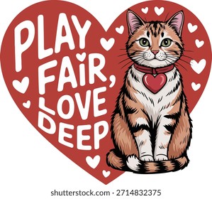 Una encantadora ilustración de gato dentro de una forma de corazón rojo con texto juguetón