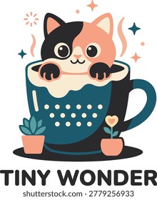 Charming cat inside coffee cup vector illustration created for cafe branding beverage packaging stickers and social media marketing. Flat editable artwork with playful aesthetic suitable for merchandise websites menus and printable designs.
