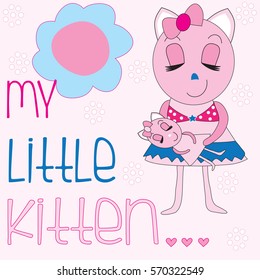 charming cat with little kitten and flowers and hearts vector illustration
