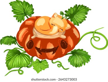 Um gato encantador descansando em uma abóbora laranja cercada por folhas verdes 