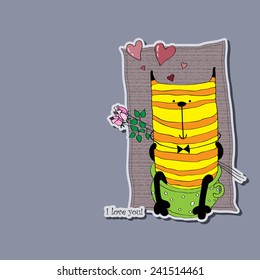 Charming cat sitting on the pot with flowers behind his back.