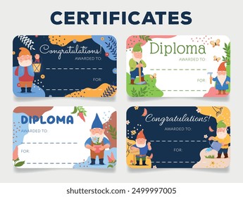 Charming certificates showcase gnomes engaging in various activities, celebrating accomplishments against vibrant, nature-inspired backgrounds