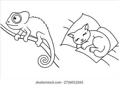 Charming Camaleão e Sleeping Kitten Line Art para crianças colorir páginas