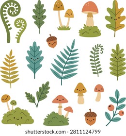 A charming and cheerful vector collection of hand-drawn kawaii forest elements, featuring sweet smiling faces on leaves, mushrooms, moss, and acorns. This delightful autumn botanical set showcases a variety of woodland plants, cute toadstools, fern fronds, oak leaves, and forest berries isolated on a clean white background. Perfect for children's designs, nursery decor, fall season greeting cards, seamless surface patterns, stickers, school supplies, and fun minimalist branding.