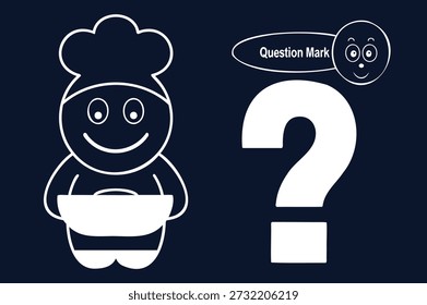 Personaje encantador del chef con el icono del signo de interrogación, ideal para la marca culinaria o los materiales educativos, Ilustración vectorial