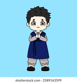 A charming chibi boy is wearing a Hanbok or traditional Korean attire.