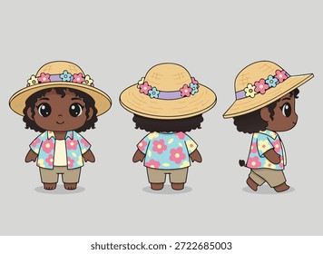 Eine charmante Chibi-Figur mit dunkler Haut, lockigem Haar und großen Augen, gekleidet in einem floralen Hawaii-Hemd und einem Strohhut mit Blumen. Angezeigt von der Vorder-, Rückseite und Seitenansicht.