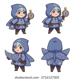 Um charmoso personagem chibi, vestido com um manto azul adornado com símbolos da lua, é retratado segurando uma bússola e um mapa, pronto para a aventura.