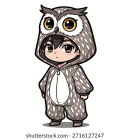 Um charmoso personagem chibi vestido com um traje de coruja detalhada, com um capuz com olhos e ouvidos de coruja, e um onesie estampado.