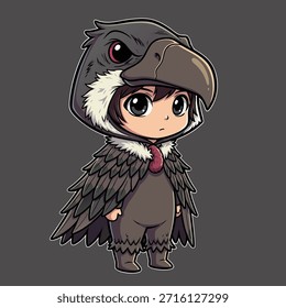 Um charmoso personagem chibi vestido com um traje de pássaro detalhado, com uma grande cabeça de pássaro e asas emplumadas.