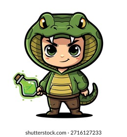 Eine charmante Chibi-Figur, die als Schlange gekleidet ist und eine leuchtend grüne Tränkflasche hält.