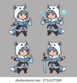 A charming chibi character wearing a white fox-eared hood, blue tunic, and brown belt, holding various magical items.