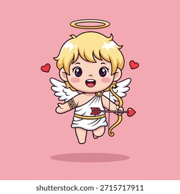 Charming chibi Cupido personagem com cabelo loiro, halo dourado, asas brancas, e uma toga branca, segurando um arco e seta com ponta de coração, sorrindo.
