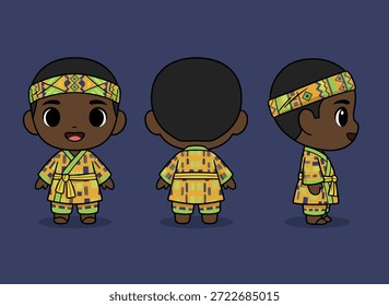 Un encantador personaje de estilo chibi, representado desde el frente, la espalda y las vistas laterales, con un vibrante atuendo africano tradicional amarillo y verde con una diadema estampada.