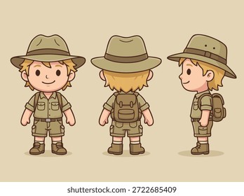 Una encantadora ilustración de estilo chibi de un niño explorador, mostrada desde el frente, la espalda y las vistas laterales, con un sombrero de safari y una mochila.