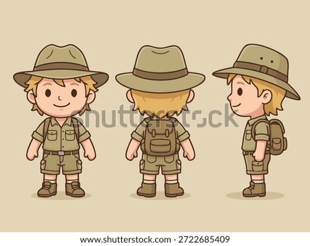 A charming chibi-style illustration of an explorer boy, shown from front, back, and side views, wearing a safari hat and backpack.