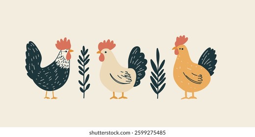 charming chickens with funny expressions, flat design