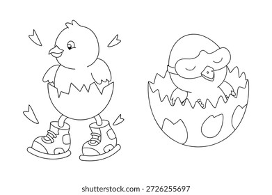 Charming Chicklings Breaking Out of Eggs - ilustração em preto e branco para colorir páginas e livros infantis
