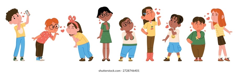 Charming children characters with happy expression blowing air kiss making romantic gesture sending love and adoration of floating hearts isolated set on white. Kids romance vector illustration